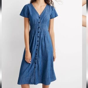 Madewell Denim Pleat Waist Midi Dress Womens 0 Medium Wash **Flawed